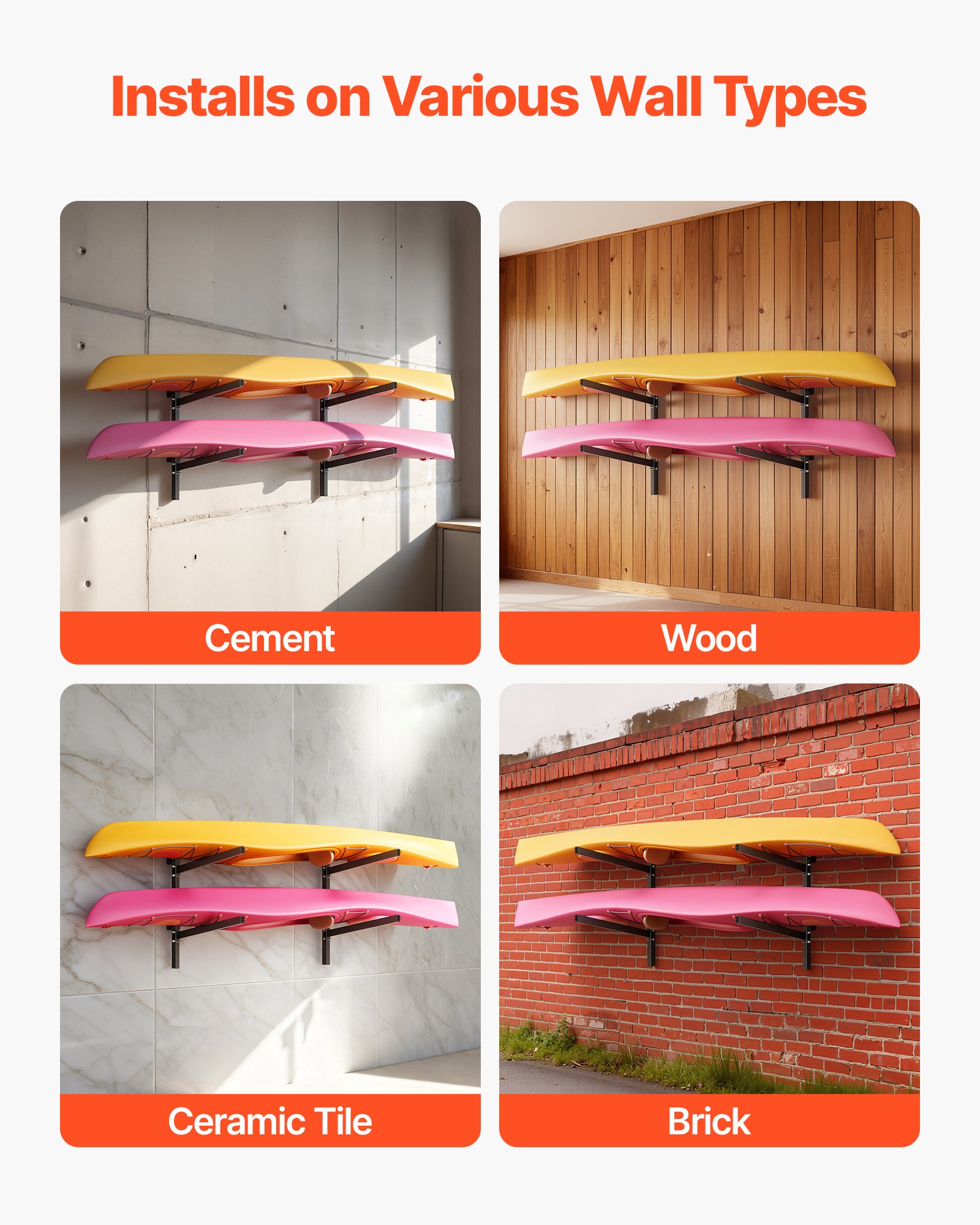 VEVOR Kajak Opbergrek voor Wandmontage voor 2 Kajaks/Kano's/Surfboards/Suppeddelboards/Kleine Boten, Kajakstandaard met een draagvermogen van 90,7 kg, Verstelbaar Kajak Opbergrek voor Garage of Aanlegsteiger