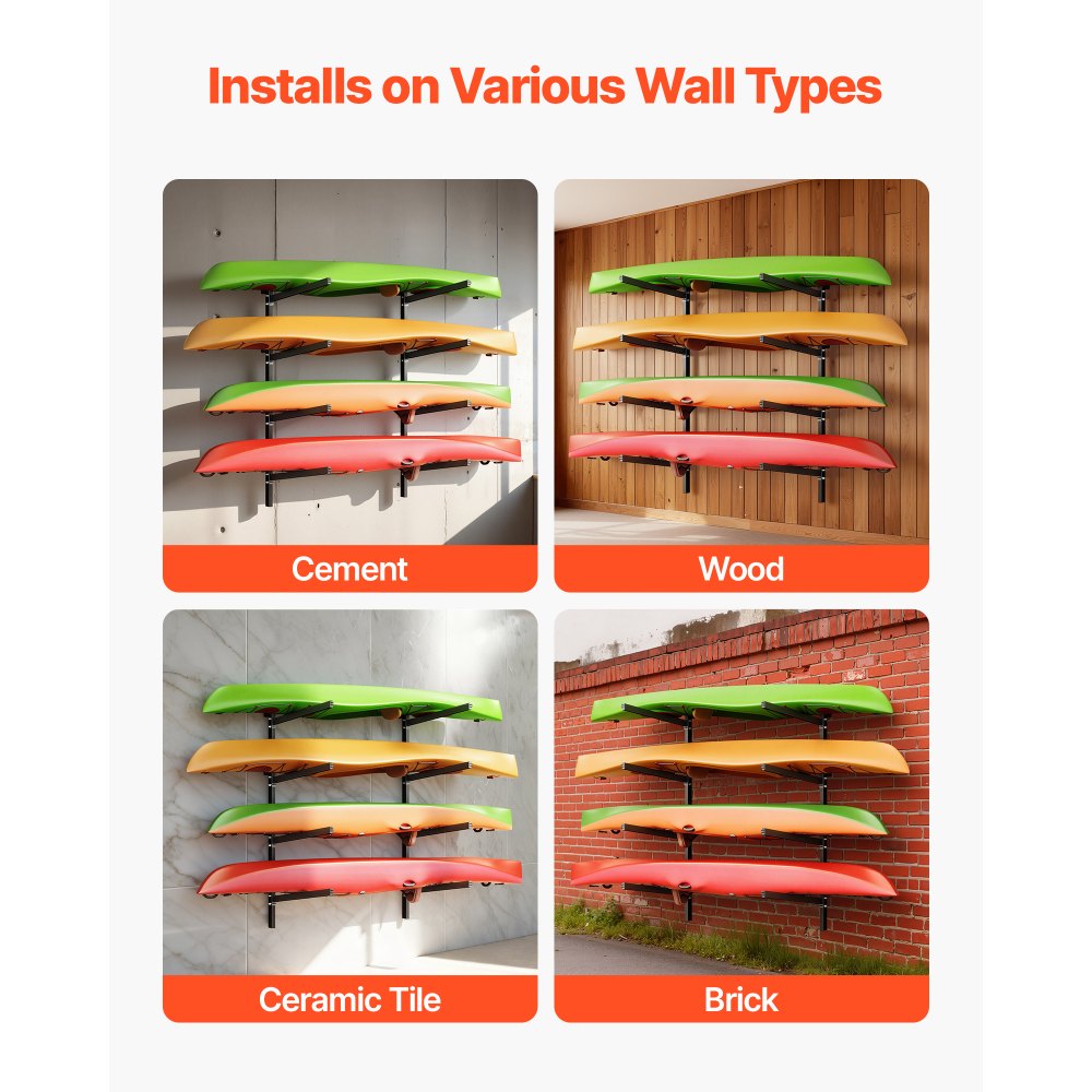 VEVOR Kajak Opbergrek voor Wandmontage voor 4 Kajaks/Kano's/Surfboards/Suppeddelboards/Kleine Boten, Kajakstandaard met een draagvermogen van 136 kg, Verstelbaar Kajak Opbergrek voor Garage en Aanlegsteiger