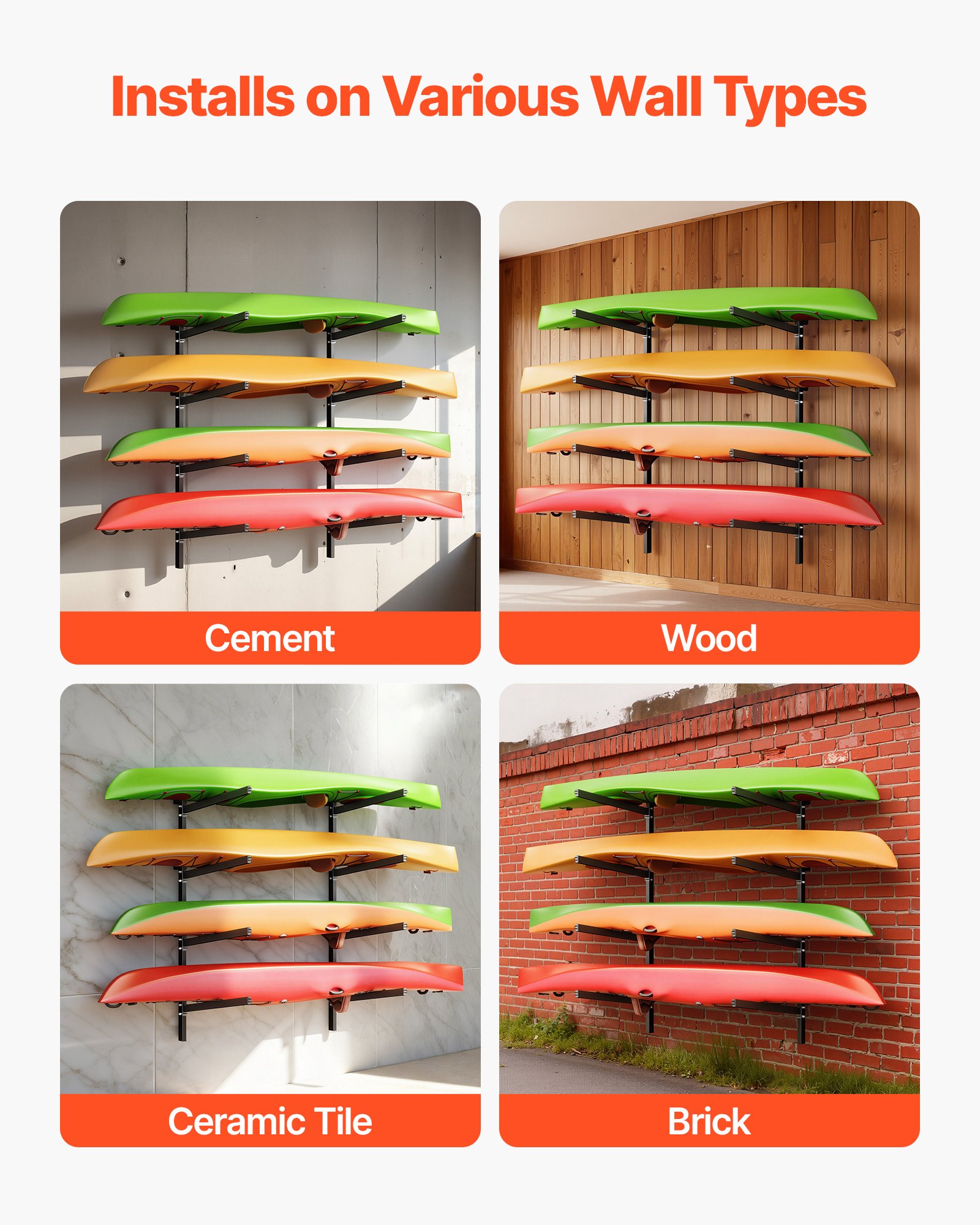 VEVOR Kajak Opbergrek voor Wandmontage voor 4 Kajaks/Kano's/Surfboards/Suppeddelboards/Kleine Boten, Kajakstandaard met een draagvermogen van 136 kg, Verstelbaar Kajak Opbergrek voor Garage en Aanlegsteiger