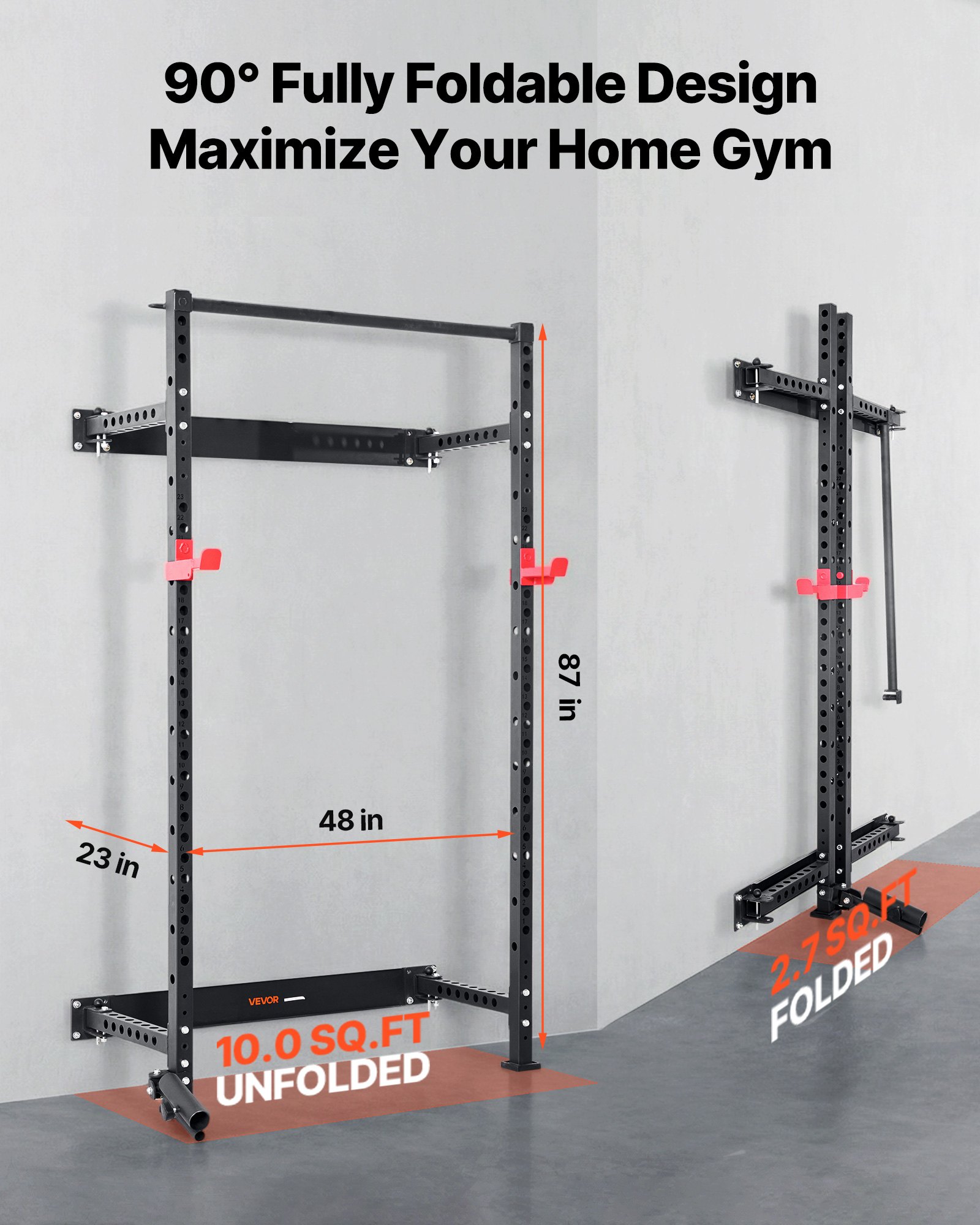 VEVOR Power Cage opvouwbaar, 454 kg draagvermogen, wandmontage power rack, multifunctioneel krachttrainingsapparaat met landmine-bevestiging, verstelbare J-haken en optrekstang voor thuisgym