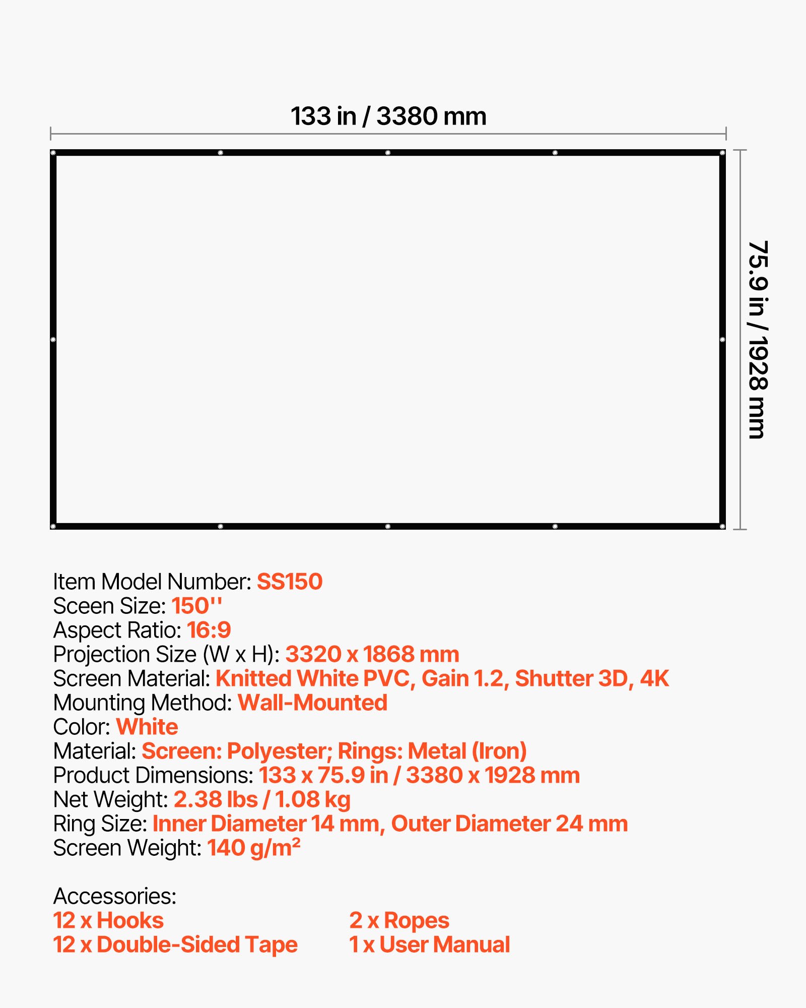VEVOR Handmatig projectiescherm, 150-inch 16:9 4K 1080 HD, aan de muur bevestigd projectiescherm met 12 haken en dubbelzijdige plakband, filmprojectie voor thuisbioscoop