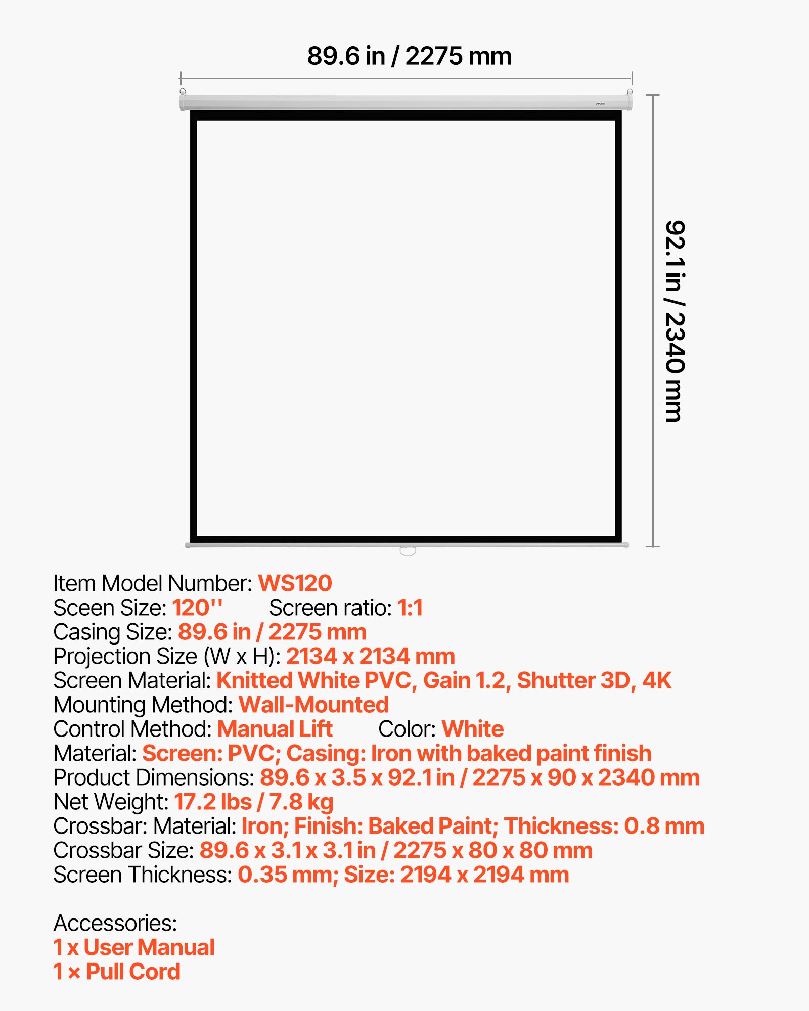 VEVOR Handmatig projectiescherm, 120 inch 1:1 4K 1080 HD, intrekbaar projectiescherm, aan de muur bevestigde filmprojectie met trekkoord, draagbaar oprolbaar scherm voor thuisbioscoop