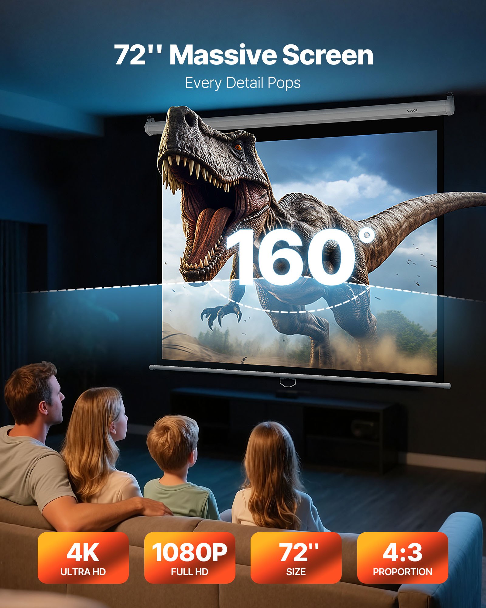VEVOR Manual Projector Screen, 1829 mm 4:3 4K 1080 HD Retractable Pull Down Projector Screen, Wall Mounted Movie Projection with Pull Rope, Portable Display Projectoin for Family Home Office Theater