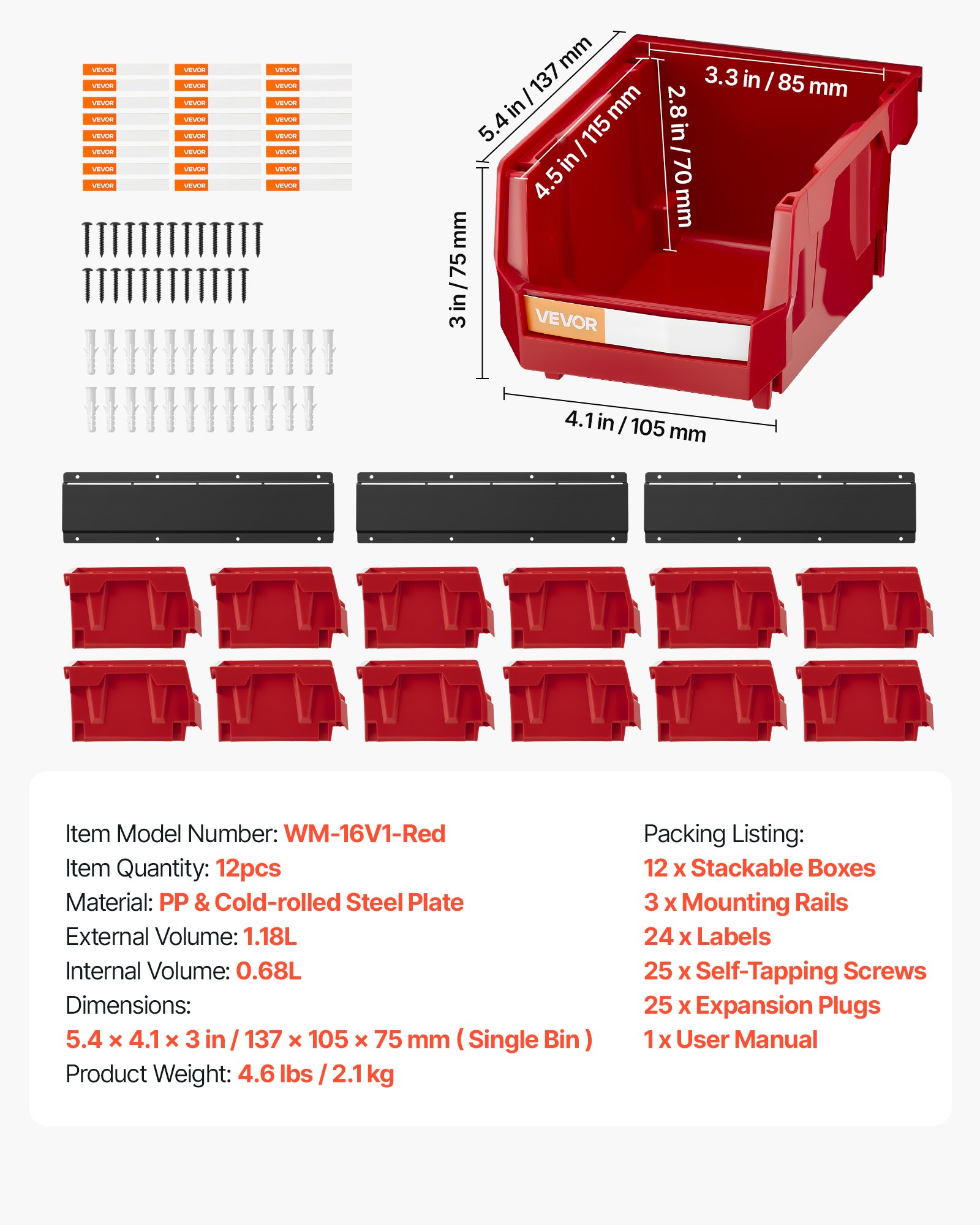 VEVOR stapelboxen voor aan de muur, 137x105x75mm opbergboxen (12 stuks) & 3 metalen rails, zichtbare opbergboxen voor schroeven, moeren, bouten en spijkers, gereedschapsorganizer voor werkplaats, hobbykamer, garage, rood