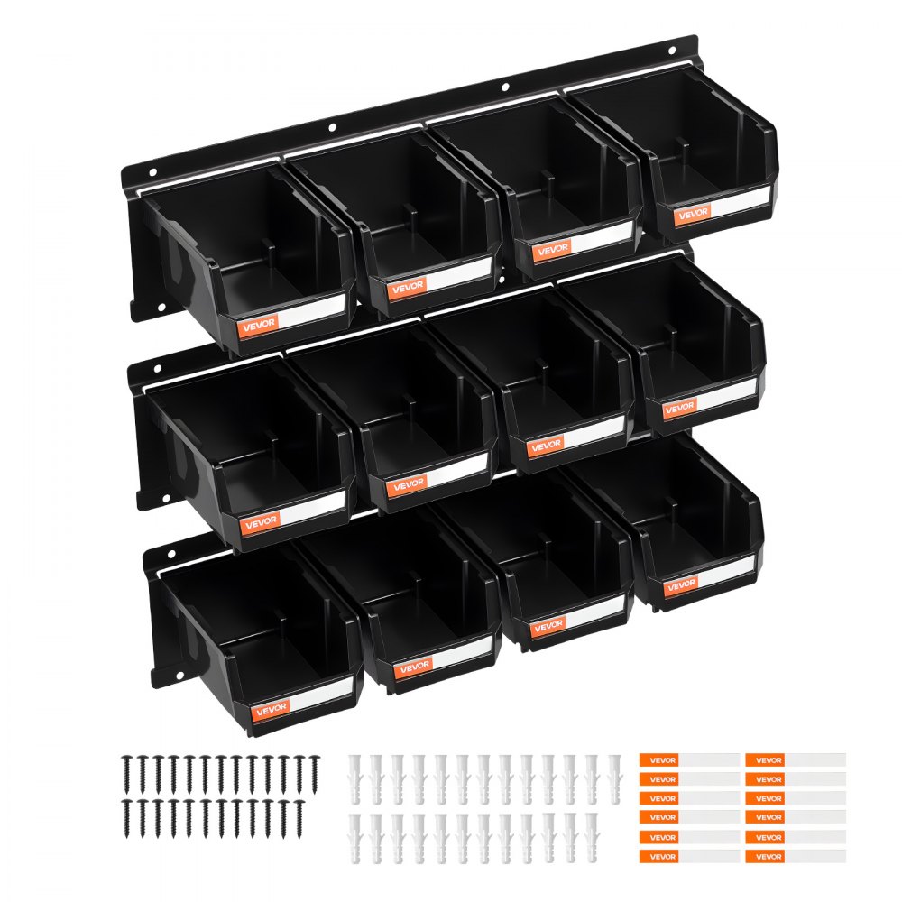 VEVOR Wall Mounted Storage Bins, 12 Plastic Bins & 3 Metal Rails, Plastic Hanging Stackable Storage Bin for Screws, Nuts, Bolts, Nails, Hardware Tool Organizer for Workshop, Craft Room, Garage, Black