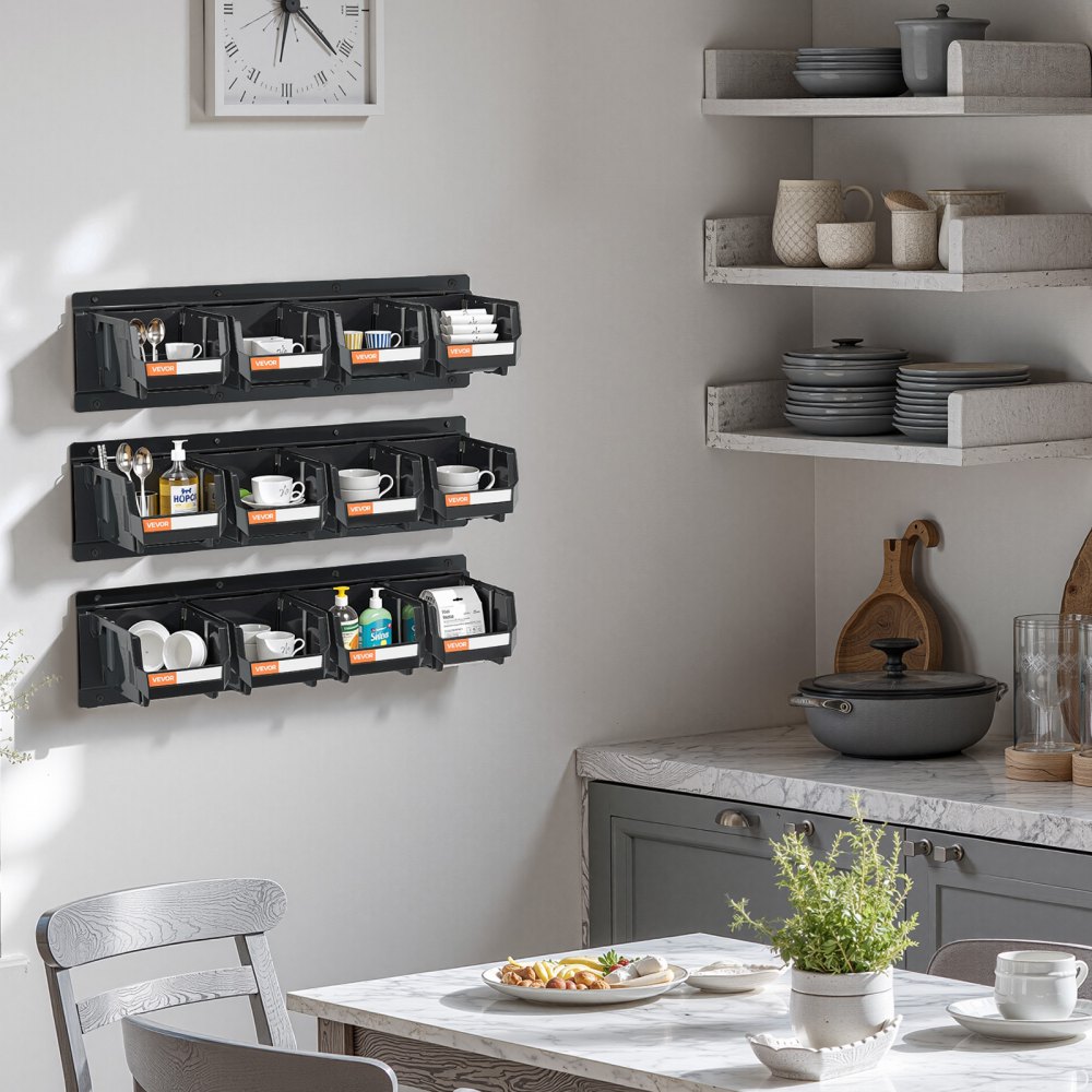 VEVOR wandgemonteerde stapelboxen, 137 x 105 x 75 mm (12 stuks) & 3 metalen rails, zichtbare opbergboxen voor schroeven, moeren, bouten, spijkers, gereedschapsorganizer voor werkplaats, hobbykamer, garage, zwart