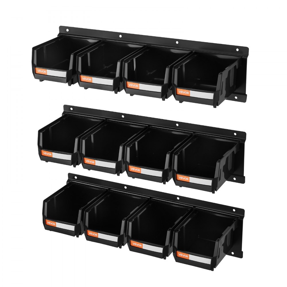 VEVOR wandgemonteerde stapelboxen, 137 x 105 x 75 mm (12 stuks) & 3 metalen rails, zichtbare opbergboxen voor schroeven, moeren, bouten, spijkers, gereedschapsorganizer voor werkplaats, hobbykamer, garage, zwart