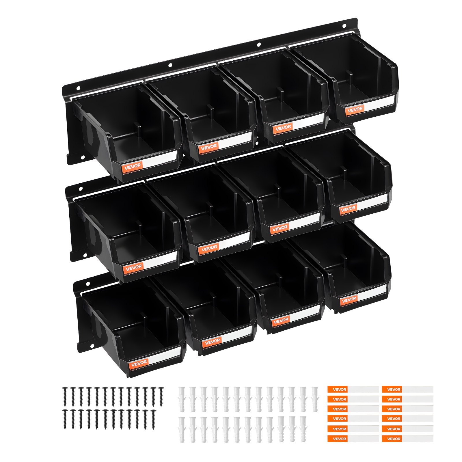 VEVOR Wall Mounted Storage Bins, 12 Plastic Bins & 3 Metal Rails, Plastic Hanging Stackable Storage Bin for Screws, Nuts, Bolts, Nails, Hardware Tool Organizer for Workshop, Craft Room, Garage, Black