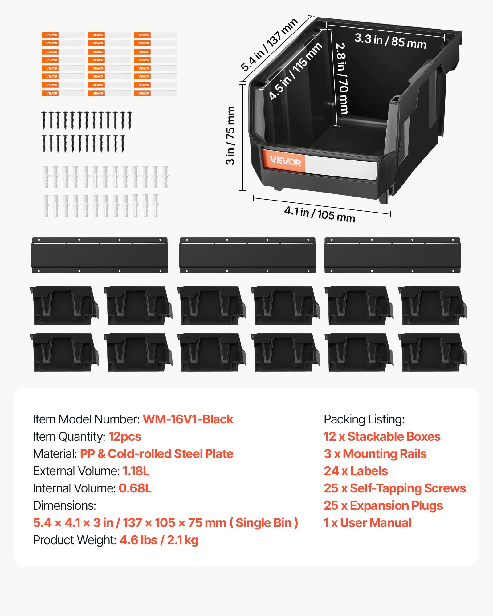VEVOR wandgemonteerde stapelboxen, 137 x 105 x 75 mm (12 stuks) & 3 metalen rails, zichtbare opbergboxen voor schroeven, moeren, bouten, spijkers, gereedschapsorganizer voor werkplaats, hobbykamer, garage, zwart