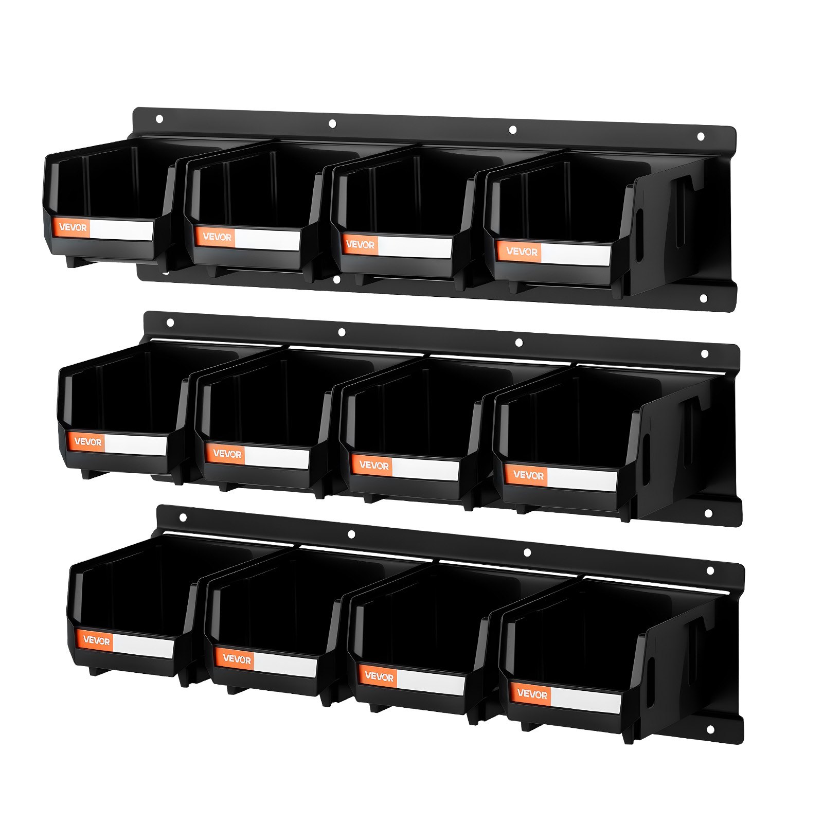 VEVOR wandgemonteerde stapelboxen, 137 x 105 x 75 mm (12 stuks) & 3 metalen rails, zichtbare opbergboxen voor schroeven, moeren, bouten, spijkers, gereedschapsorganizer voor werkplaats, hobbykamer, garage, zwart