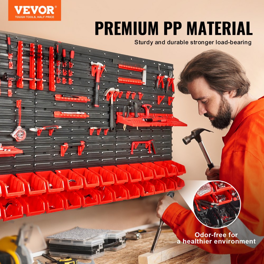 VEVOR stapelboxen, 30-container onderdelenrek organizer voor garage, kunststof gereedschapsrek met wandpanelen/gereedschapshouders/haken, voor moeren, bouten, schroeven, spijkers, kralen, knopen, zwart/rood