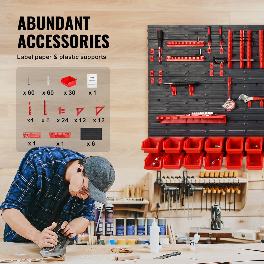 VEVOR stapelboxen, 30-container onderdelenrek organizer voor garage, kunststof gereedschapsrek met wandpanelen/gereedschapshouders/haken, voor moeren, bouten, schroeven, spijkers, kralen, knopen, zwart/rood