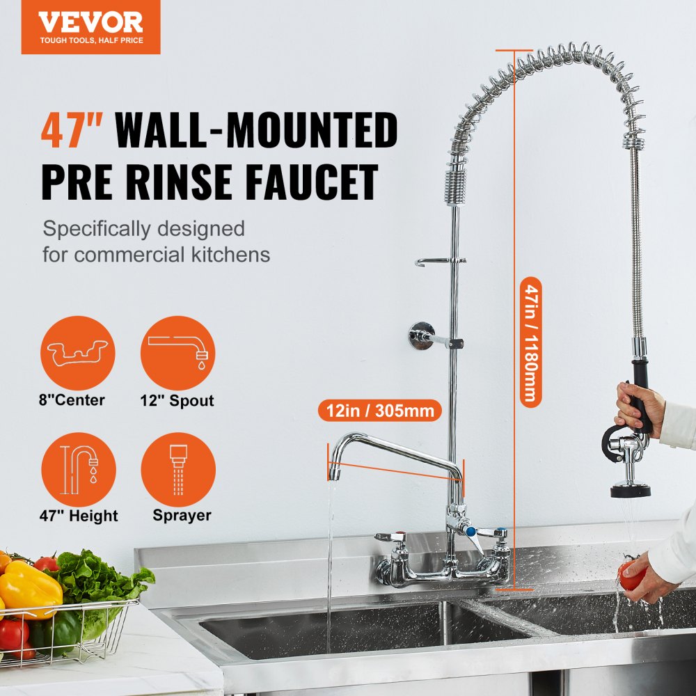 VEVOR Commerciële Keukenkraan met Uittrekbare Spuitkop, 118 cm Hoogte, 203 mm Hartafstand, 305 mm Draaibare Uitloop, Messing, Wandmontage Keukenkraan, voor Spoelbakken met 1, 2 of 3 Kommen
