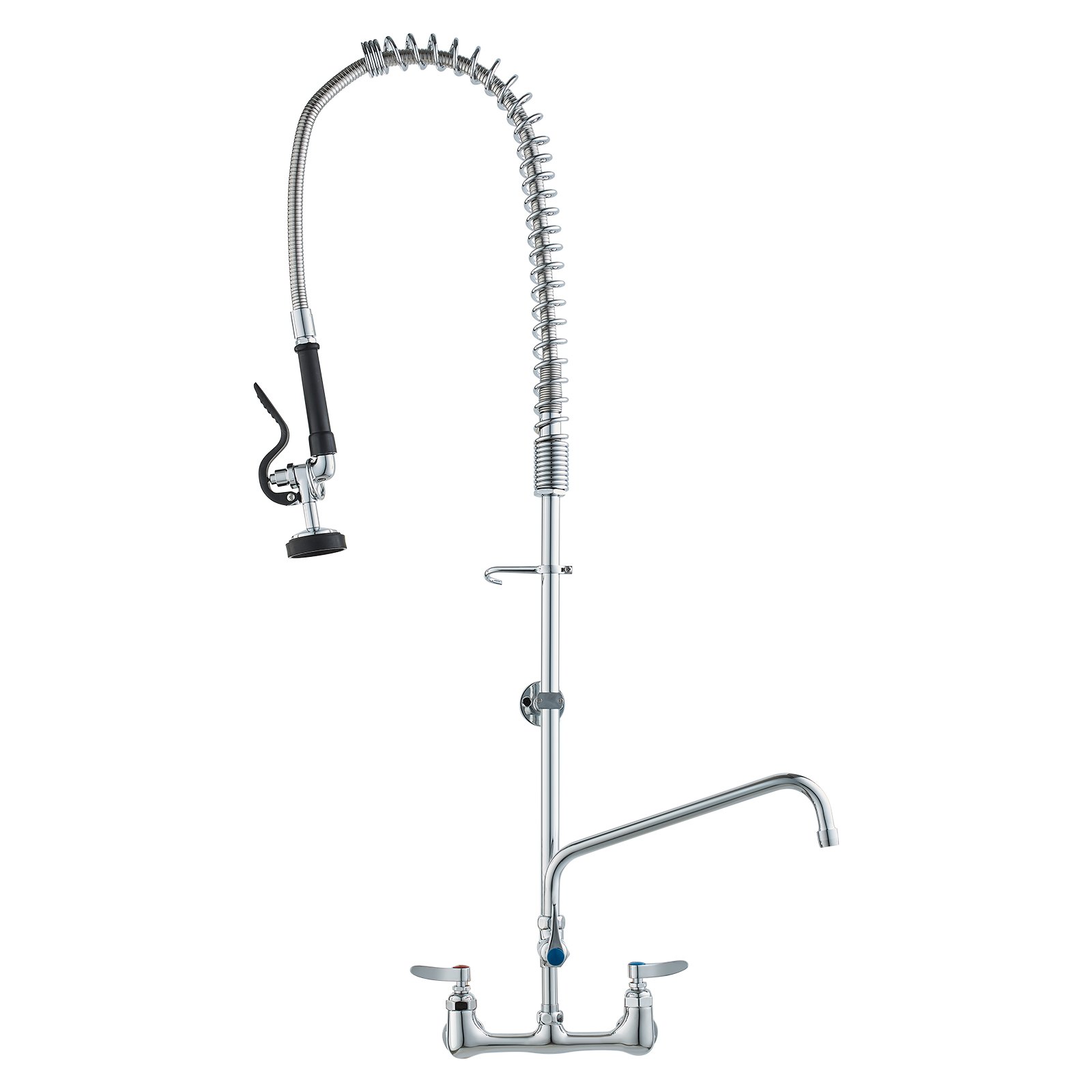 VEVOR Commerciële kraan met voorspoeldouche, 111 cm hoog, 203 mm midden, 305 mm draaibare uitloop, aan de muur gemonteerde keukenkraan, messing constructie met uittrekbare sproeier, voor 1/2/3-cabine wastafel