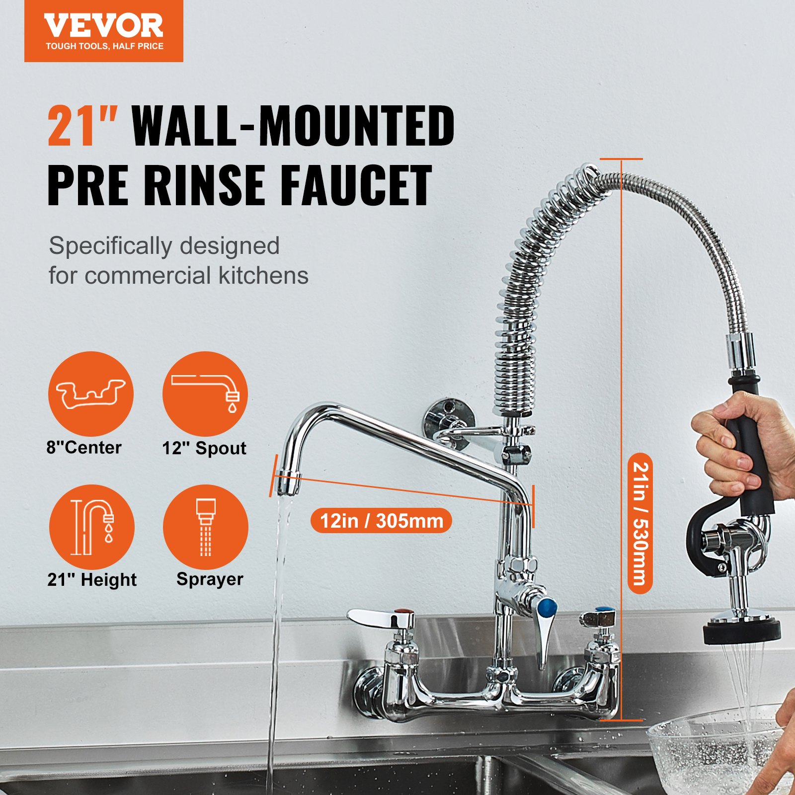 VEVOR Commerciële Kraan met Voorspoeldouche, Keukenkraan 53 cm Hoogte, 30,5 cm Draaibare Uitloop, Wandgemonteerde Keukenkraan, Messing Unit met Uittrekbare Douche, voor 1/2/3-Cubicle Wastafel