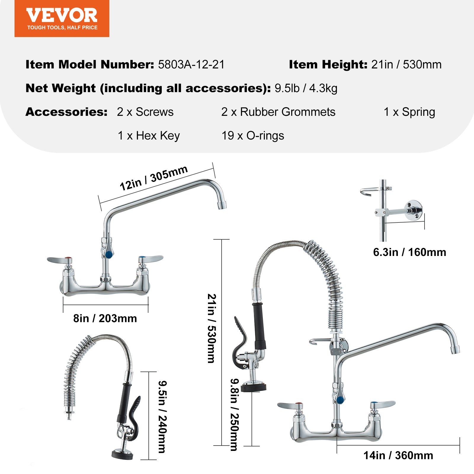 VEVOR Commerciële Kraan met Voorspoeldouche, Keukenkraan 53 cm Hoogte, 30,5 cm Draaibare Uitloop, Wandgemonteerde Keukenkraan, Messing Unit met Uittrekbare Douche, voor 1/2/3-Cubicle Wastafel