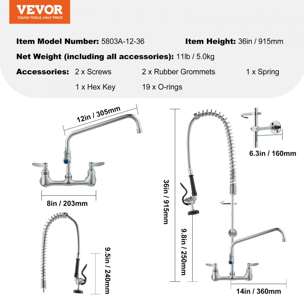VEVOR Commerciële kraan met voorspoeldouche, hoogte 915, draaibare uitloop 30,5 cm, aan de muur gemonteerde keukenkraan, messing unit met uittrekbare sproeier, voor 1/2/3-cabine wastafel