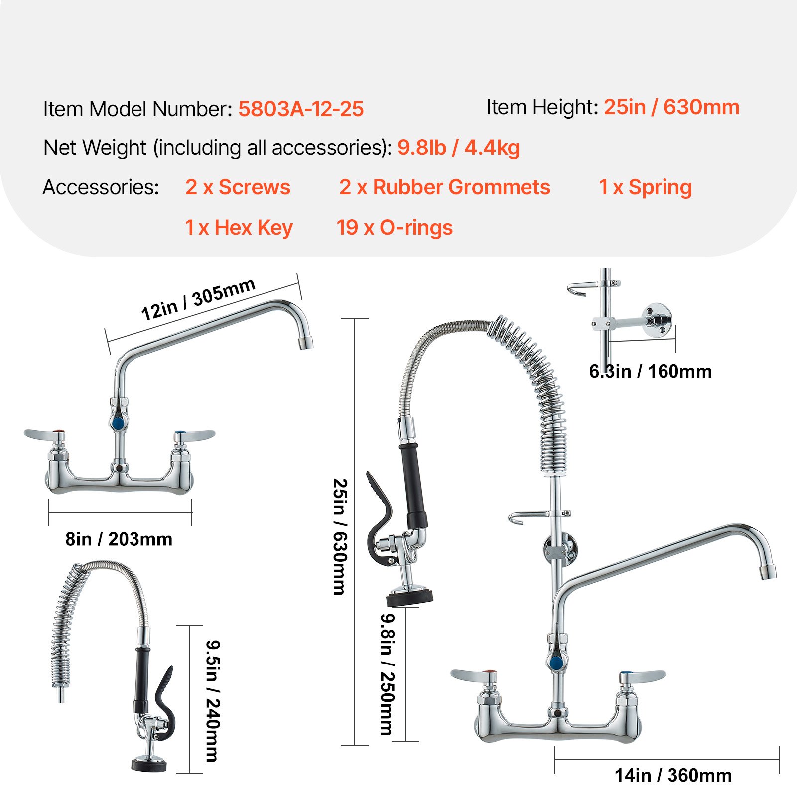 VEVOR Commerciële kraan met voorspoeldouche, 63 cm hoog, 305 mm draaibare uitloop, aan de muur gemonteerde keukenkraan, messing constructie met uittrekbare sproeier, voor 1/2/3-hokjes wastafel