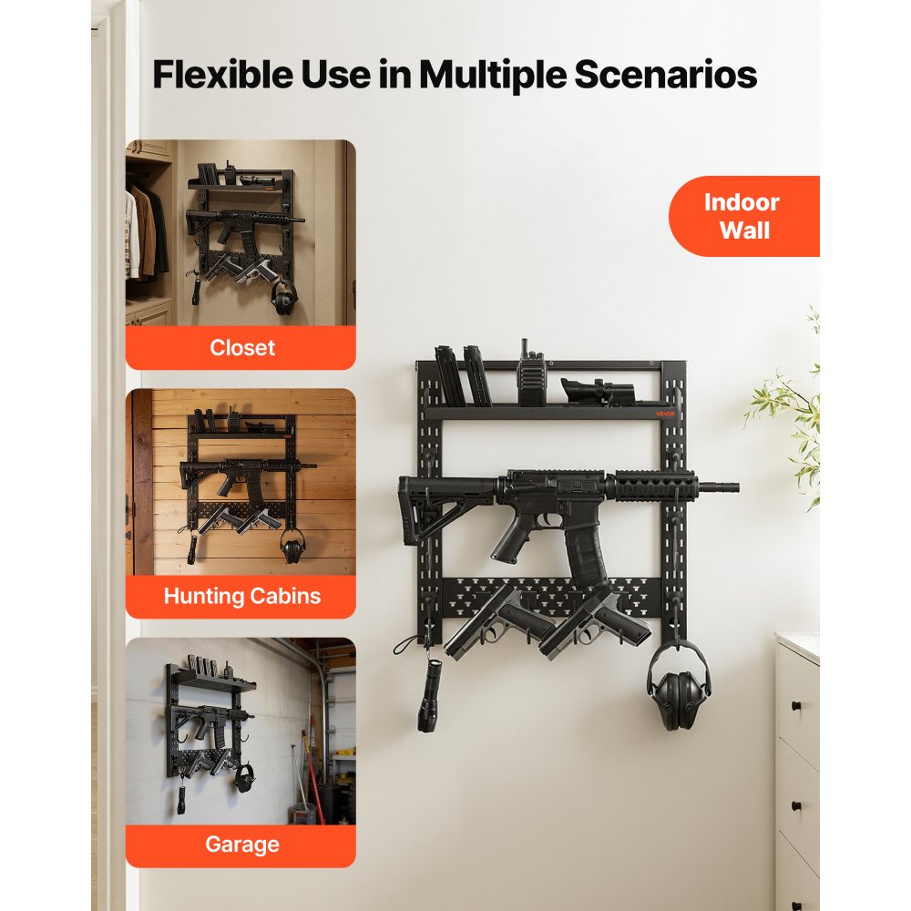 VEVOR Gun Rack Wall Mount, Heavy Duty Steel, Indoor Rifle Shotgun Rack with J-Hooks, Additional Tray Storage, Gun Accessories Display Storage Holder, Hold Up to 3 Rifles or Shotguns, for Tactical Gear