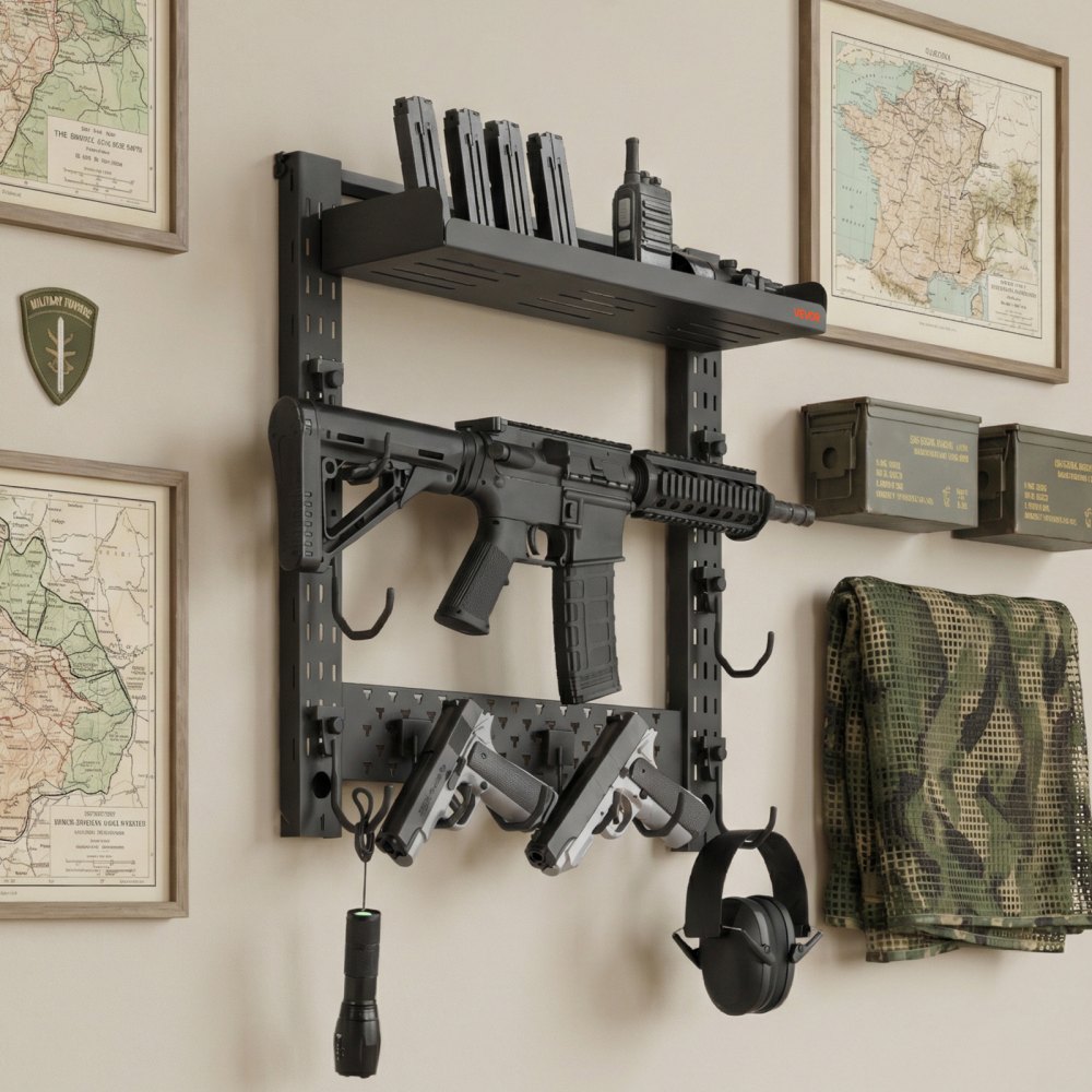 VEVOR Gun Rack Wall Mount, Heavy Duty Steel, Indoor Rifle Shotgun Rack with J-Hooks, Additional Tray Storage, Gun Accessories Display Storage Holder, Hold Up to 3 Rifles or Shotguns, for Tactical Gear