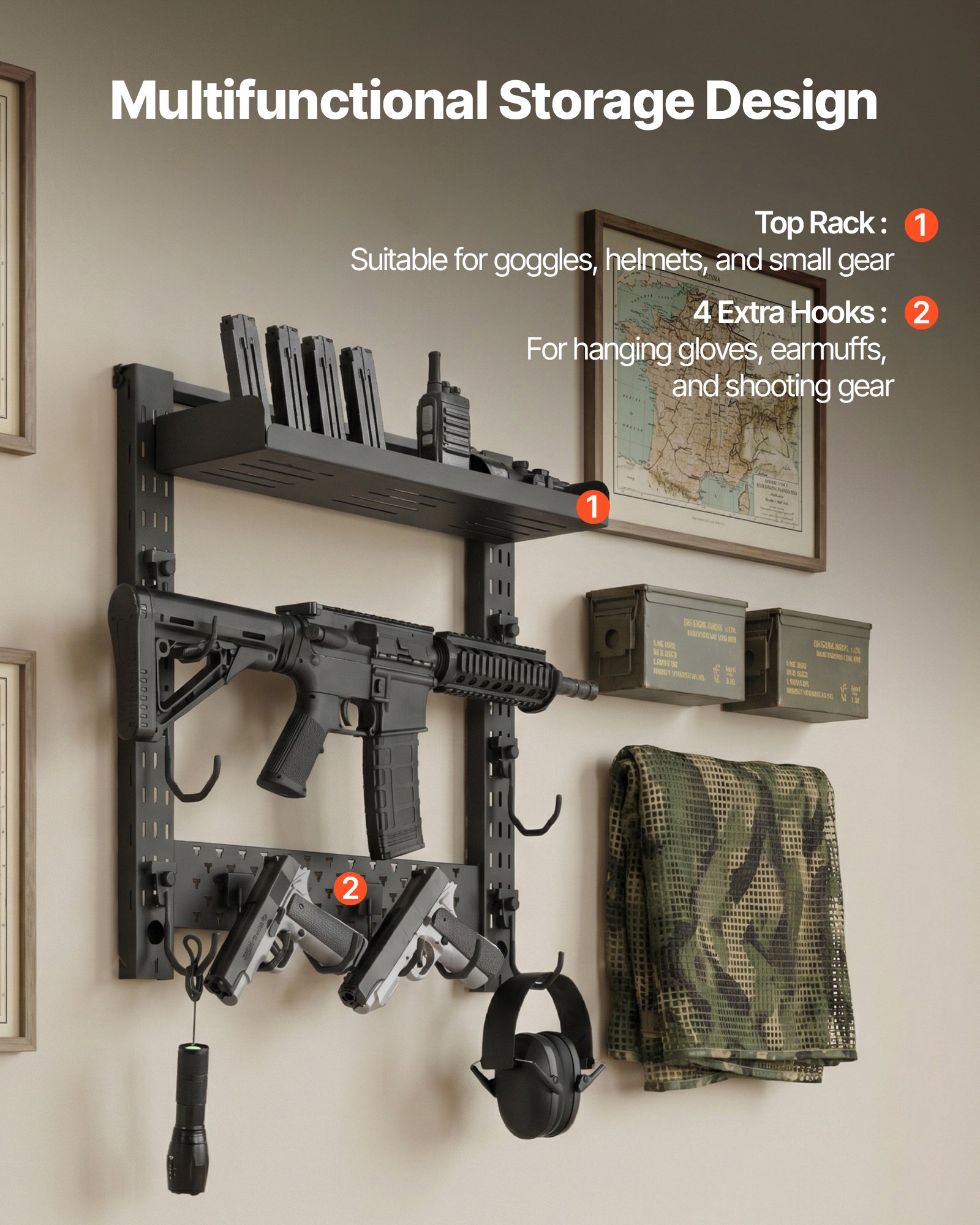 VEVOR Gun Rack Wall Mount, Heavy Duty Steel, Indoor Rifle Shotgun Rack with J-Hooks, Additional Tray Storage, Gun Accessories Display Storage Holder, Hold Up to 3 Rifles or Shotguns, for Tactical Gear
