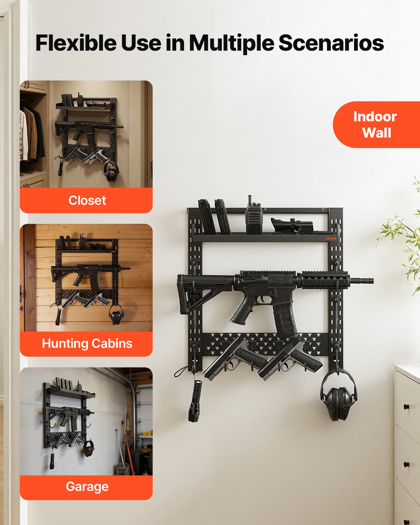 VEVOR Gun Rack Wall Mount, Heavy Duty Steel, Indoor Rifle Shotgun Rack with J-Hooks, Additional Tray Storage, Gun Accessories Display Storage Holder, Hold Up to 3 Rifles or Shotguns, for Tactical Gear