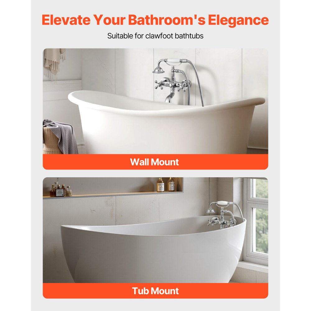 VEVOR Clawfoot Tub Faucet, Wall Mount Bathtub Faucets with Handheld Shower, Vintage Polished Chrome Clawfoot Tub Filler Faucet Shower Kit with Adjustable Swing Arms & 360° Rotation Spout for Bathtubs