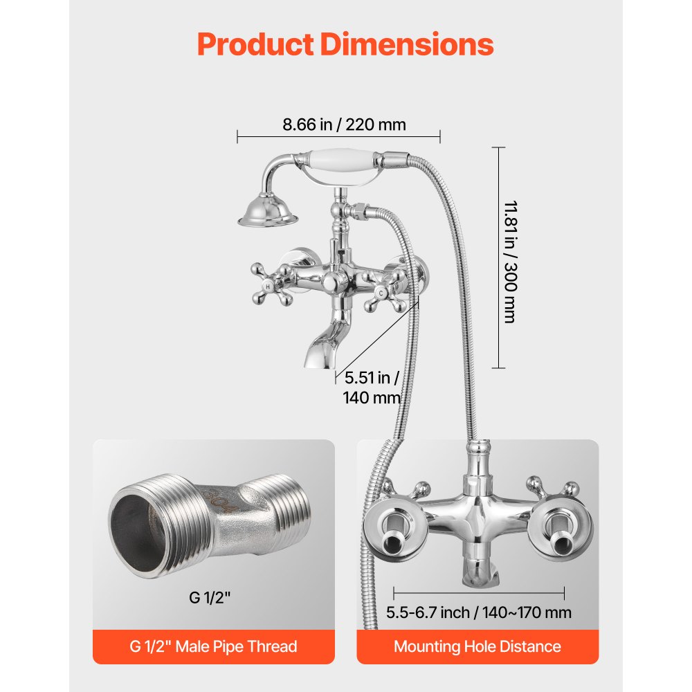 VEVOR Clawfoot Tub Faucet, Wall Mount Bathtub Faucets with Handheld Shower, Vintage Polished Chrome Clawfoot Tub Filler Faucet Shower Kit with Adjustable Swing Arms & 360° Rotation Spout for Bathtubs