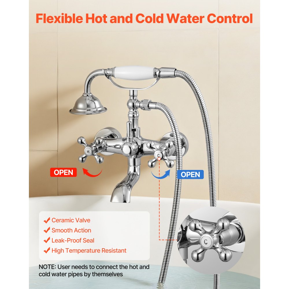 VEVOR Clawfoot Tub Faucet, Wall Mount Bathtub Faucets with Handheld Shower, Vintage Polished Chrome Clawfoot Tub Filler Faucet Shower Kit with Adjustable Swing Arms & 360° Rotation Spout for Bathtubs