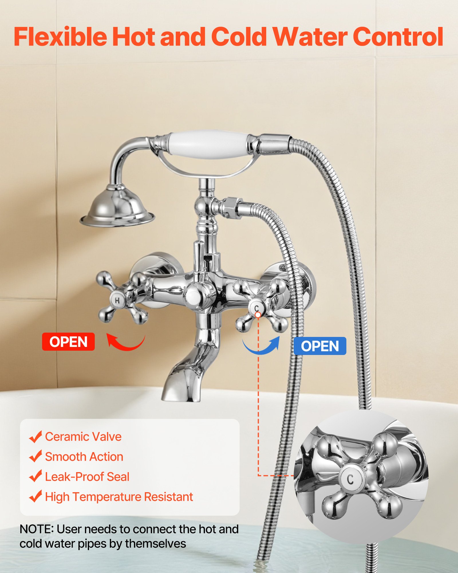 VEVOR Clawfoot Tub Faucet, Wall Mount Bathtub Faucets with Handheld Shower, Vintage Polished Chrome Clawfoot Tub Filler Faucet Shower Kit with Adjustable Swing Arms & 360° Rotation Spout for Bathtubs
