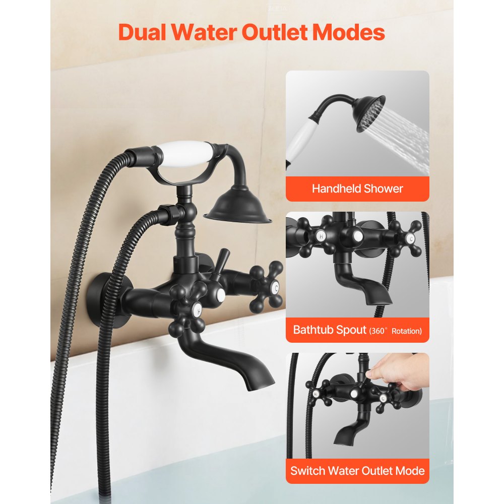 VEVOR Clawfoot Tub Faucet, Wall Mount Bathtub Faucets with Handheld Shower, Vintage Matte Black Clawfoot Tub Filler Faucet Shower Kit with Adjustable Swing Arms & 360° Rotation Spout for Bathtubs