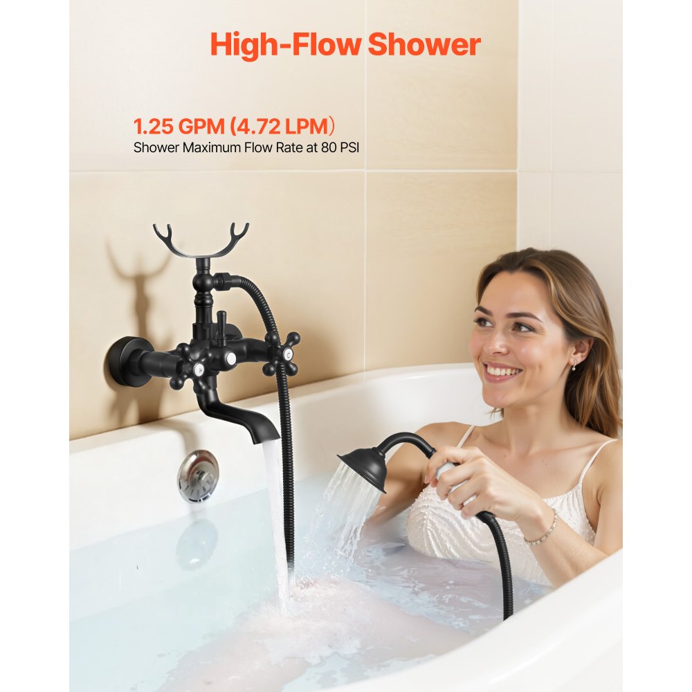 VEVOR Clawfoot Tub Faucet, Wall Mount Bathtub Faucets with Handheld Shower, Vintage Matte Black Clawfoot Tub Filler Faucet Shower Kit with Adjustable Swing Arms & 360° Rotation Spout for Bathtubs