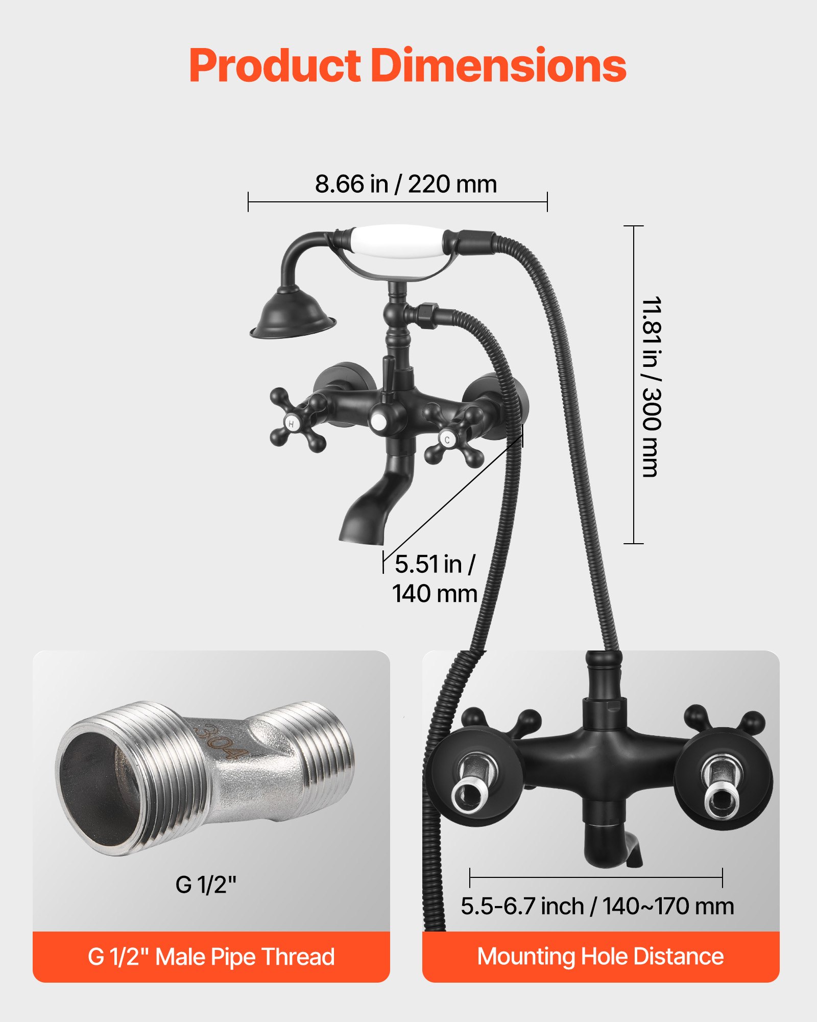 VEVOR Clawfoot Tub Faucet, Wall Mount Bathtub Faucets with Handheld Shower, Vintage Matte Black Clawfoot Tub Filler Faucet Shower Kit with Adjustable Swing Arms & 360° Rotation Spout for Bathtubs