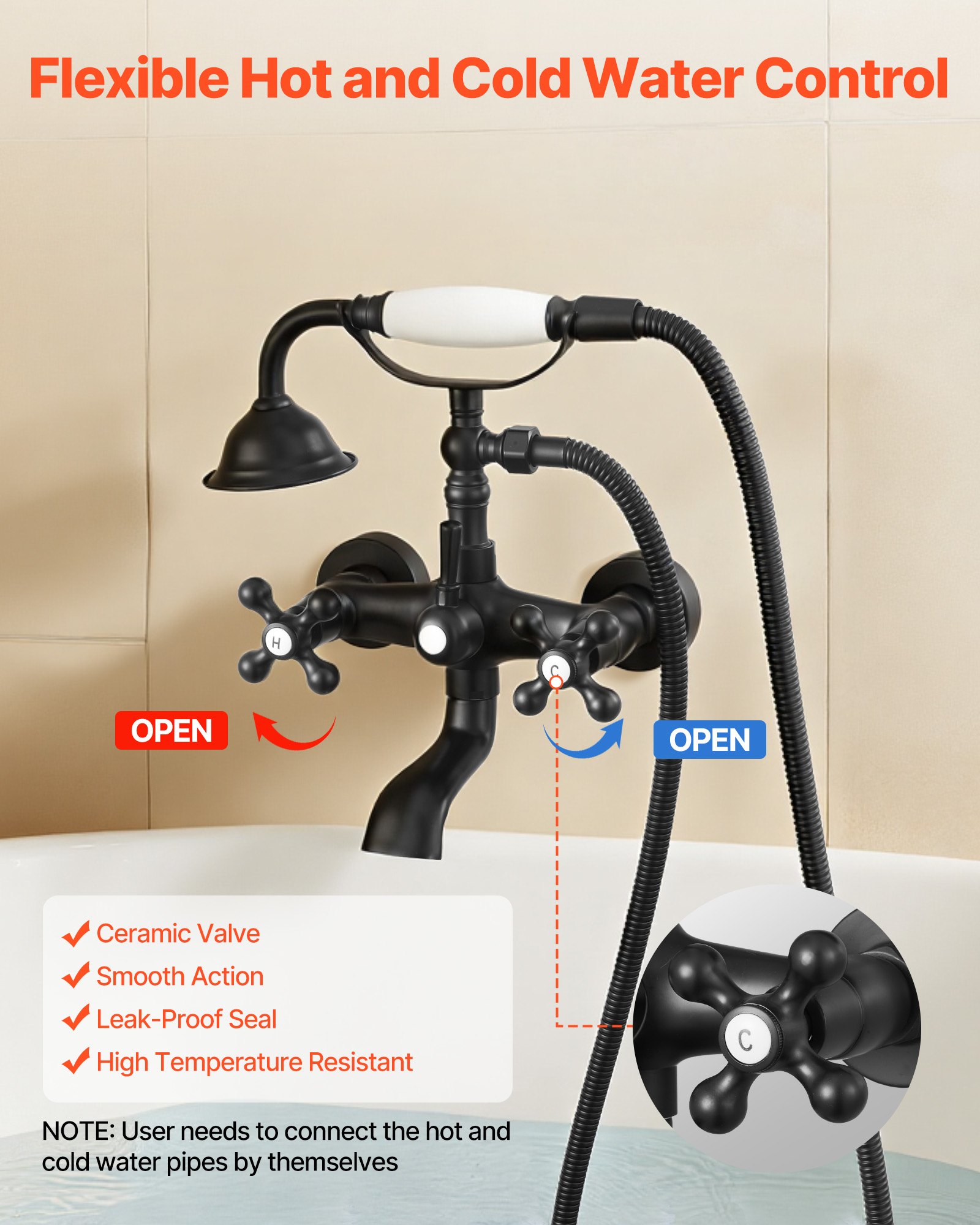 VEVOR Clawfoot Tub Faucet, Wall Mount Bathtub Faucets with Handheld Shower, Vintage Matte Black Clawfoot Tub Filler Faucet Shower Kit with Adjustable Swing Arms & 360° Rotation Spout for Bathtubs