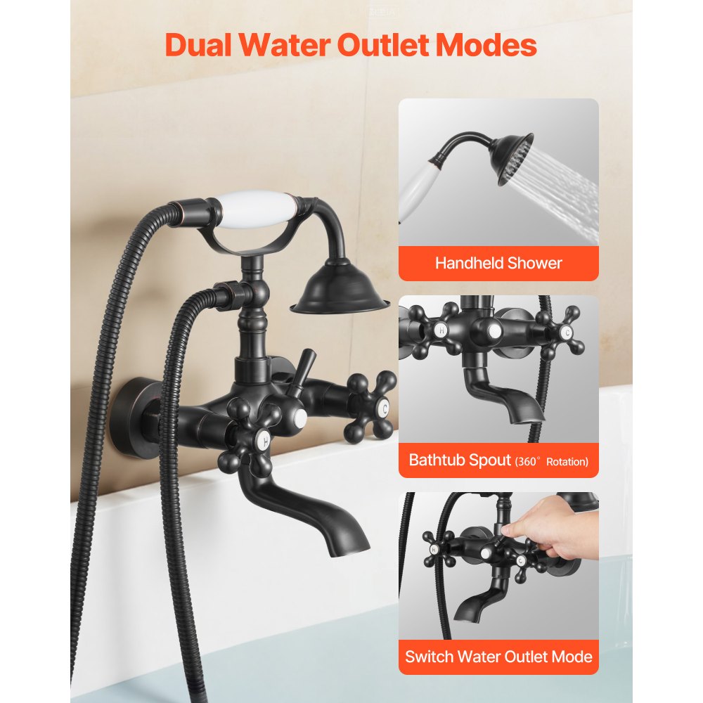 VEVOR Clawfoot Tub Faucet, Wall Mount Bathtub Faucets with Handheld Shower, Vintage Oil-Rubbed Bronze Clawfoot Tub Filler Faucet Shower Kit with Adjustable Swing Arms & 360° Rotation Spout for Bathtubs