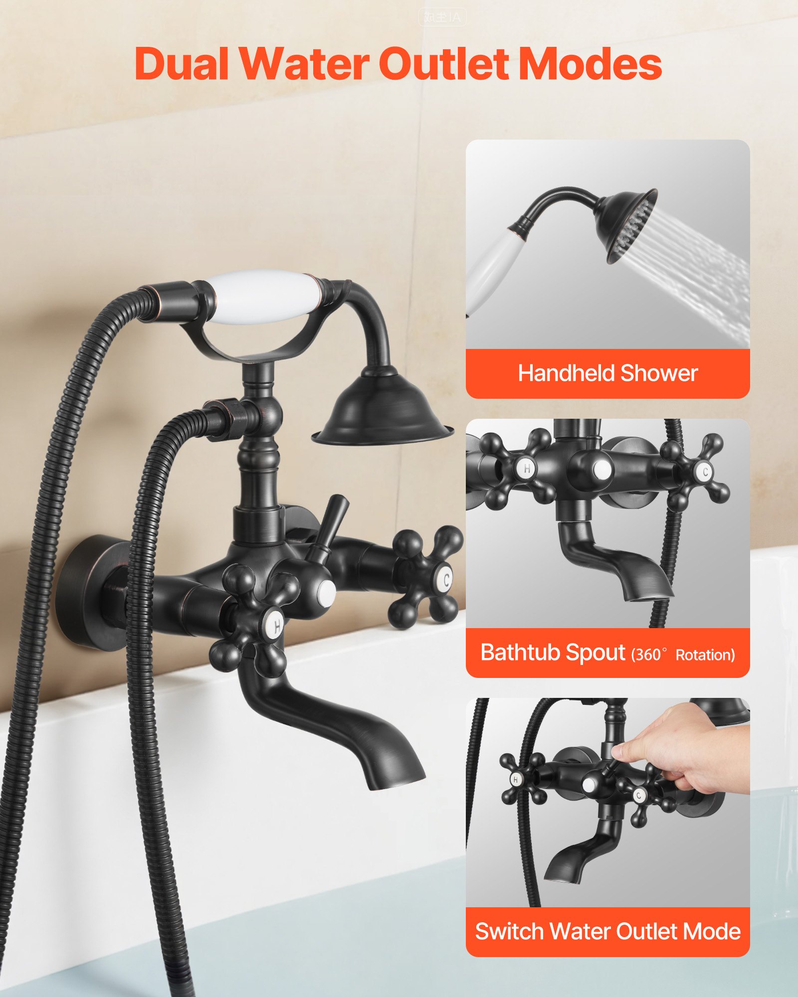 VEVOR Clawfoot Tub Faucet, Wall Mount Bathtub Faucets with Handheld Shower, Vintage Oil-Rubbed Bronze Clawfoot Tub Filler Faucet Shower Kit with Adjustable Swing Arms & 360° Rotation Spout for Bathtubs