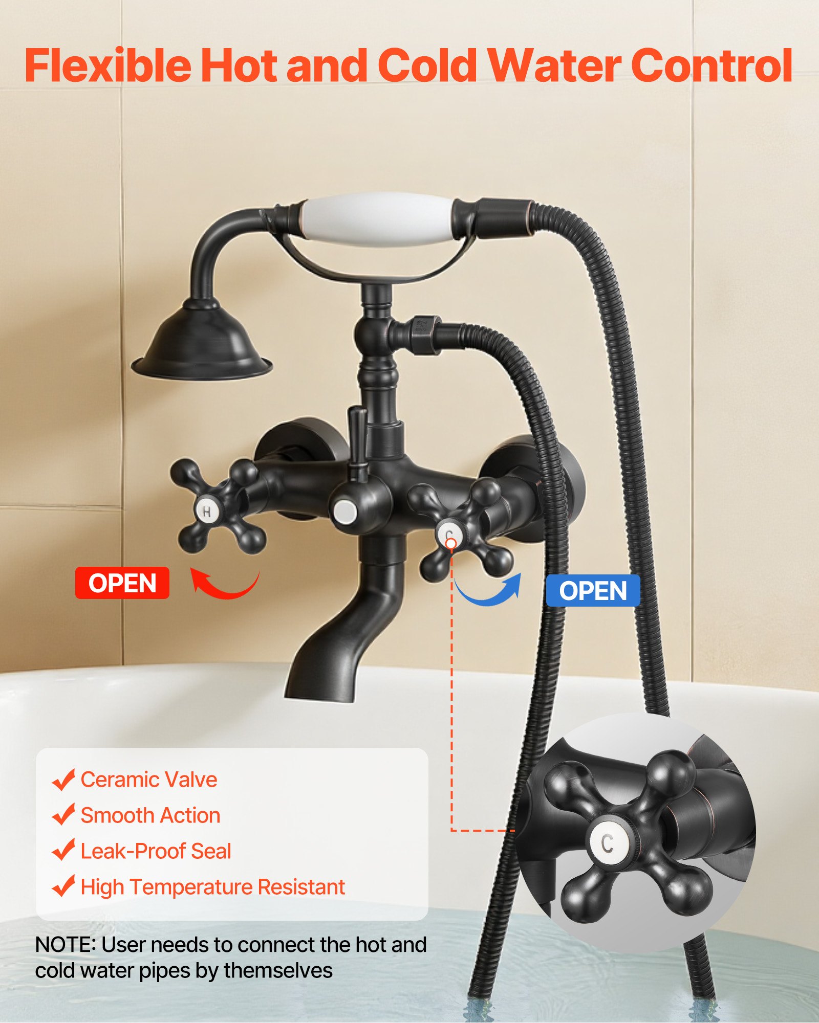 VEVOR Clawfoot Tub Faucet, Wall Mount Bathtub Faucets with Handheld Shower, Vintage Oil-Rubbed Bronze Clawfoot Tub Filler Faucet Shower Kit with Adjustable Swing Arms & 360° Rotation Spout for Bathtubs