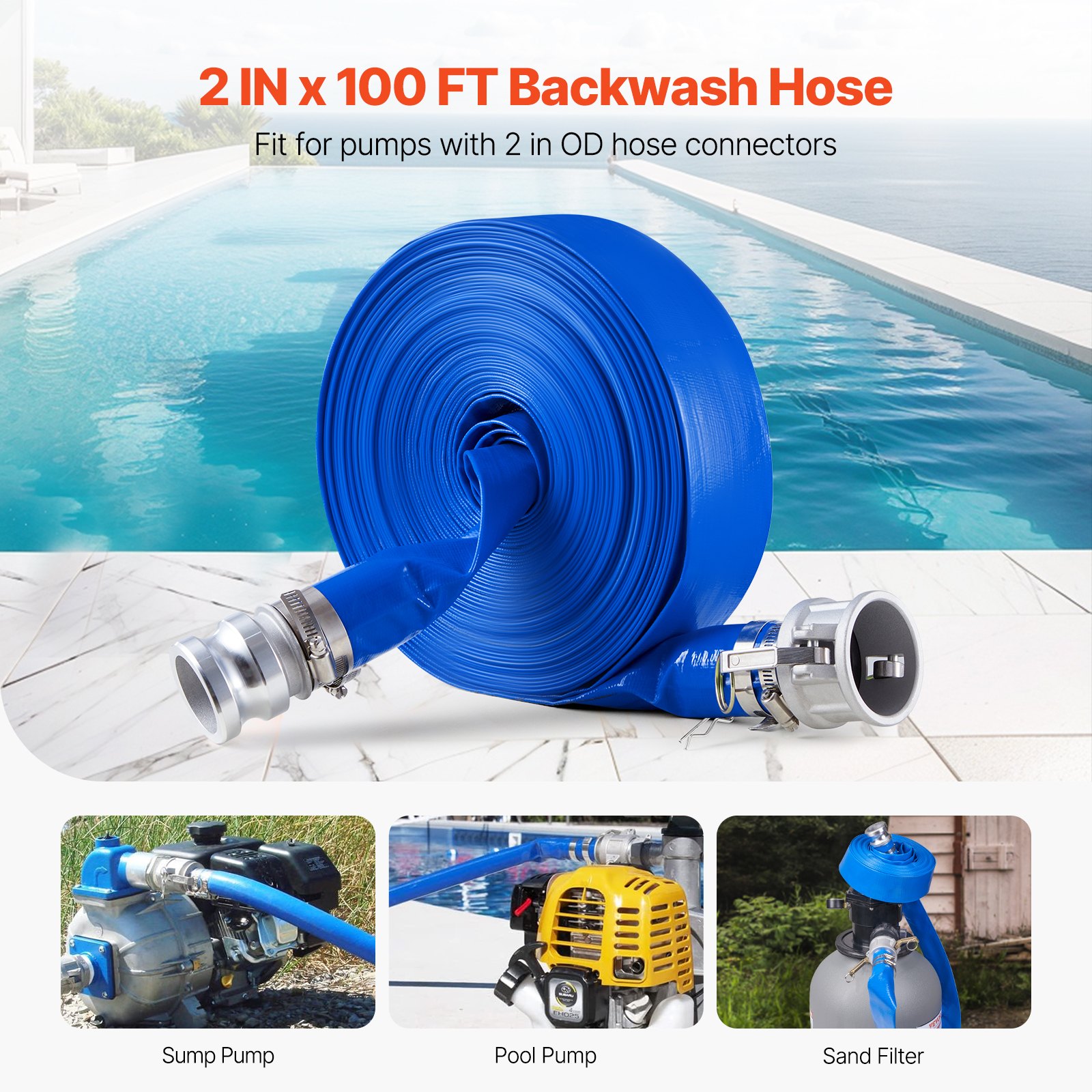 VEVOR Backwash Hose, 2 in x 100 ft, Blue High Quality PVC Hose, with Clamps, Camlock, Aluminum Fittings, Fit Various Pumps, for Sewage Treatment, Water Transportation and More Agricultural Purposes