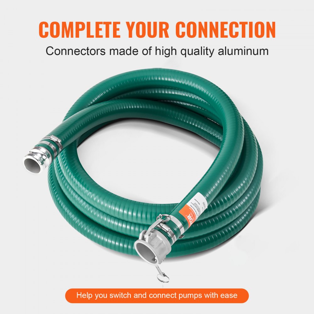 VEVOR Suction Hose, 2 in x 20 ft, Green High Quality Hose, with Camlock Connectors, and Aluminum Fittings, Fit Various Pumps, for Sewage Treatment, Water Transportation and More Agricultural Purposes