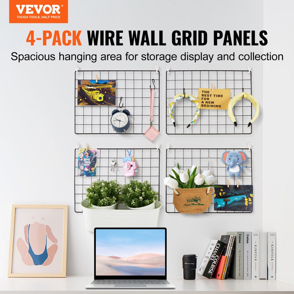 VEVOR Grid Wall Panels, 4 Packs Wire Wall Grid for Photo Pictures Display, Wall Storage Organizer Metal Grid Wall Panel for Home Office Decor with Clips and Hooks, 11.8x15.7 inch