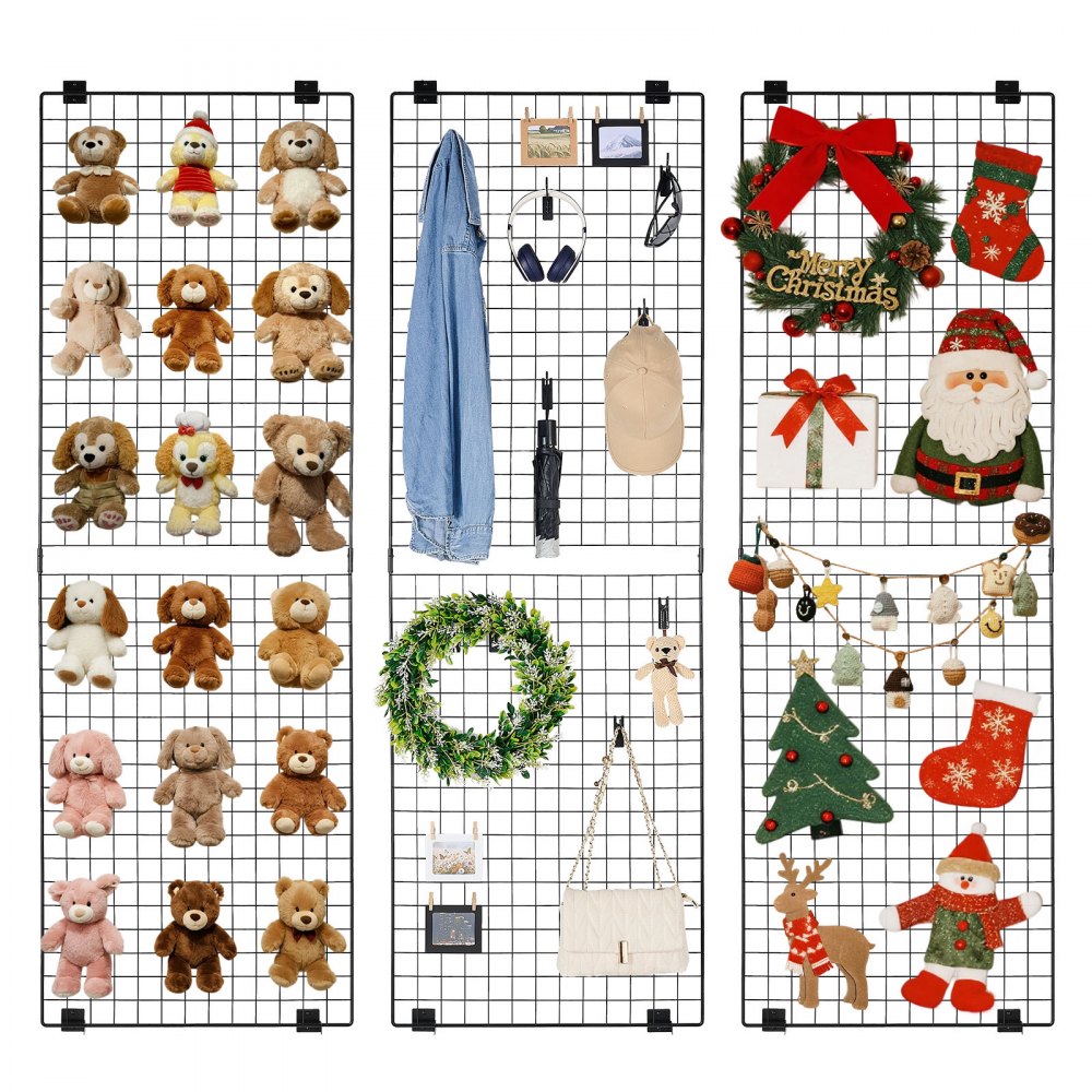 VEVOR Grid Wandpanelen Grid Wall 610 x 11 x 1828 mm 3 stuks Wandrooster Wandgemonteerde Kunstdisplayplank Gemaakt van Koolstofstaal, Fotowand Memobord voor Decoratie Opslag Prikbord Zwart