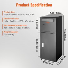 VEVOR pakketbrievenbus 41,2x40,1x110,5 cm pakketbus stalen palletbox 50kg brievenbus Postbox XXL brievenbus met wachtwoordslot drukslot antidiefstal opening voor pakketten brieven etc.