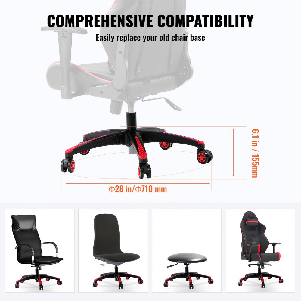 VEVOR Office Chair Base Replacement, 28", 2500 lbs Static Load, Heavy Duty Universal Computer Desk Chair Stool Base Part with 5 Casters and Reinforced Legs, Desk Chair Base Replacement, Black + Red