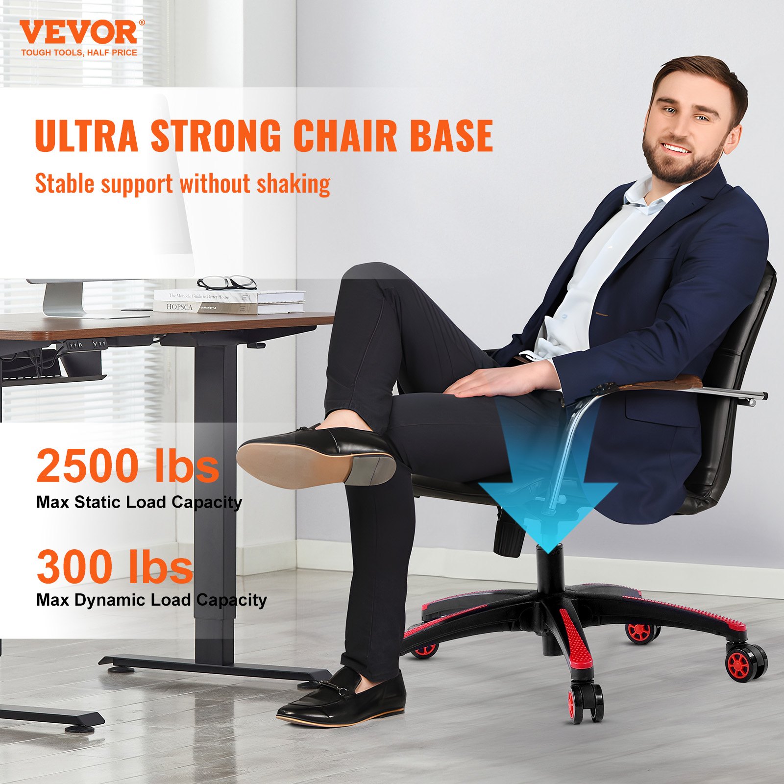 VEVOR Office Chair Base Replacement, 28", 2500 lbs Static Load, Heavy Duty Universal Computer Desk Chair Stool Base Part with 5 Casters and Reinforced Legs, Desk Chair Base Replacement, Black + Red