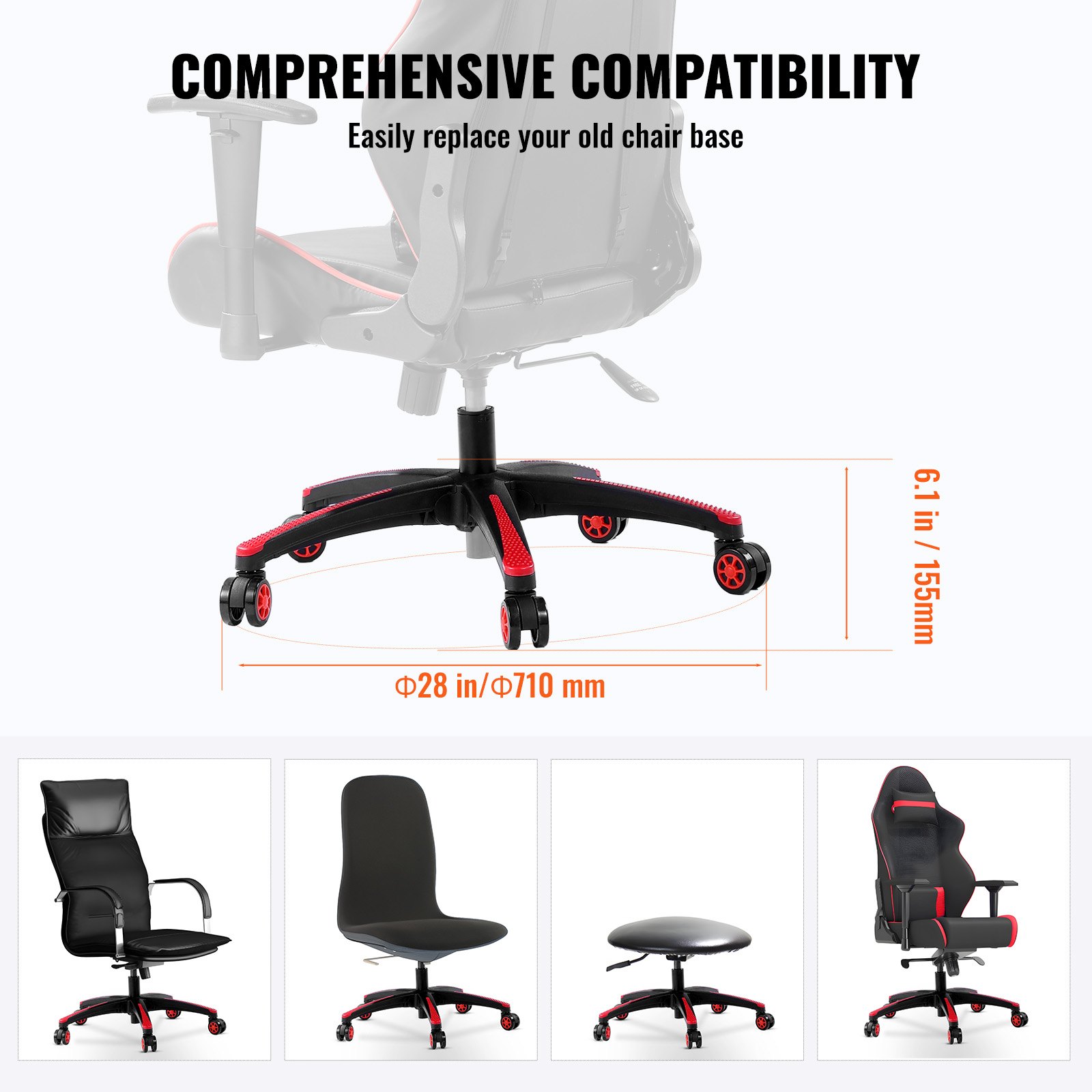 VEVOR Office Chair Base Replacement, 28", 2500 lbs Static Load, Heavy Duty Universal Computer Desk Chair Stool Base Part with 5 Casters and Reinforced Legs, Desk Chair Base Replacement, Black + Red