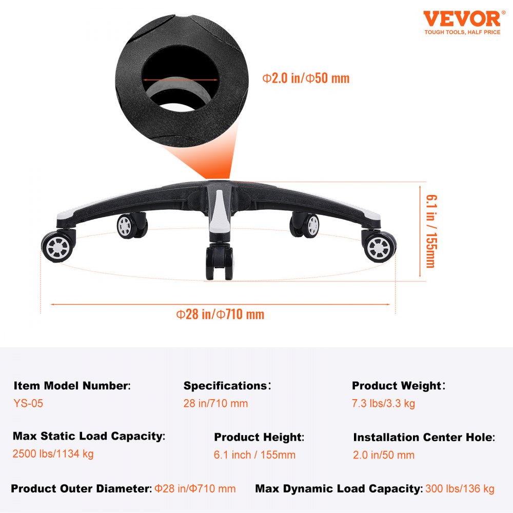 VEVOR Office Chair Base Replacement, 28", 2500 lbs Static Load, Heavy Duty Universal Computer Desk Chair Stool Base Part with 5 Casters and Reinforced Legs, Desk Chair Base Replacement, Black + White