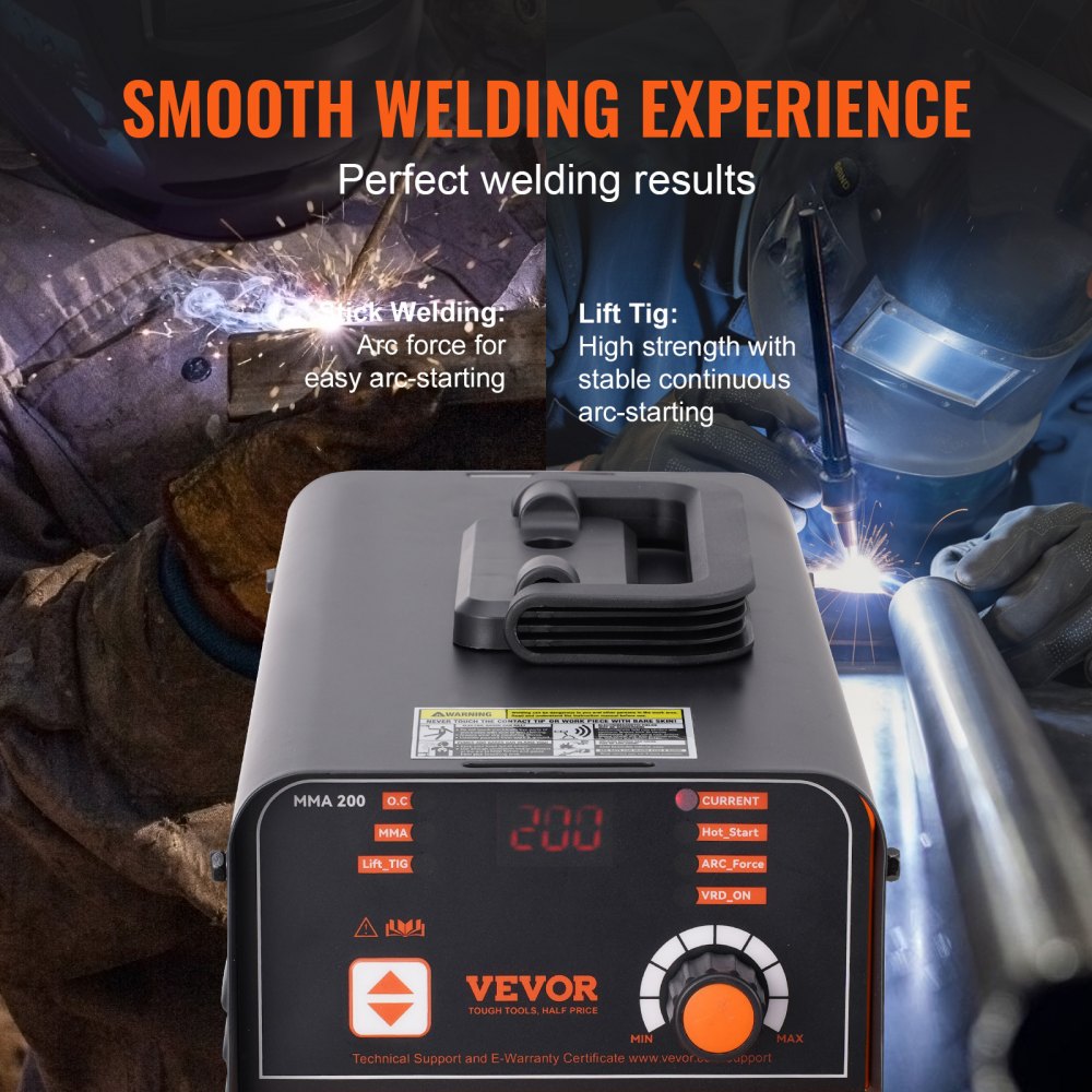VEVOR 220V elektrodelasapparaat, 200A ARC/Lift TIG-lasapparaat met groot LED-display, draagbaar 2-in-1 elektrodelasapparaat met Hot Start Arc Force Anti-Stick VRD, MMA ARC-lasapparaat