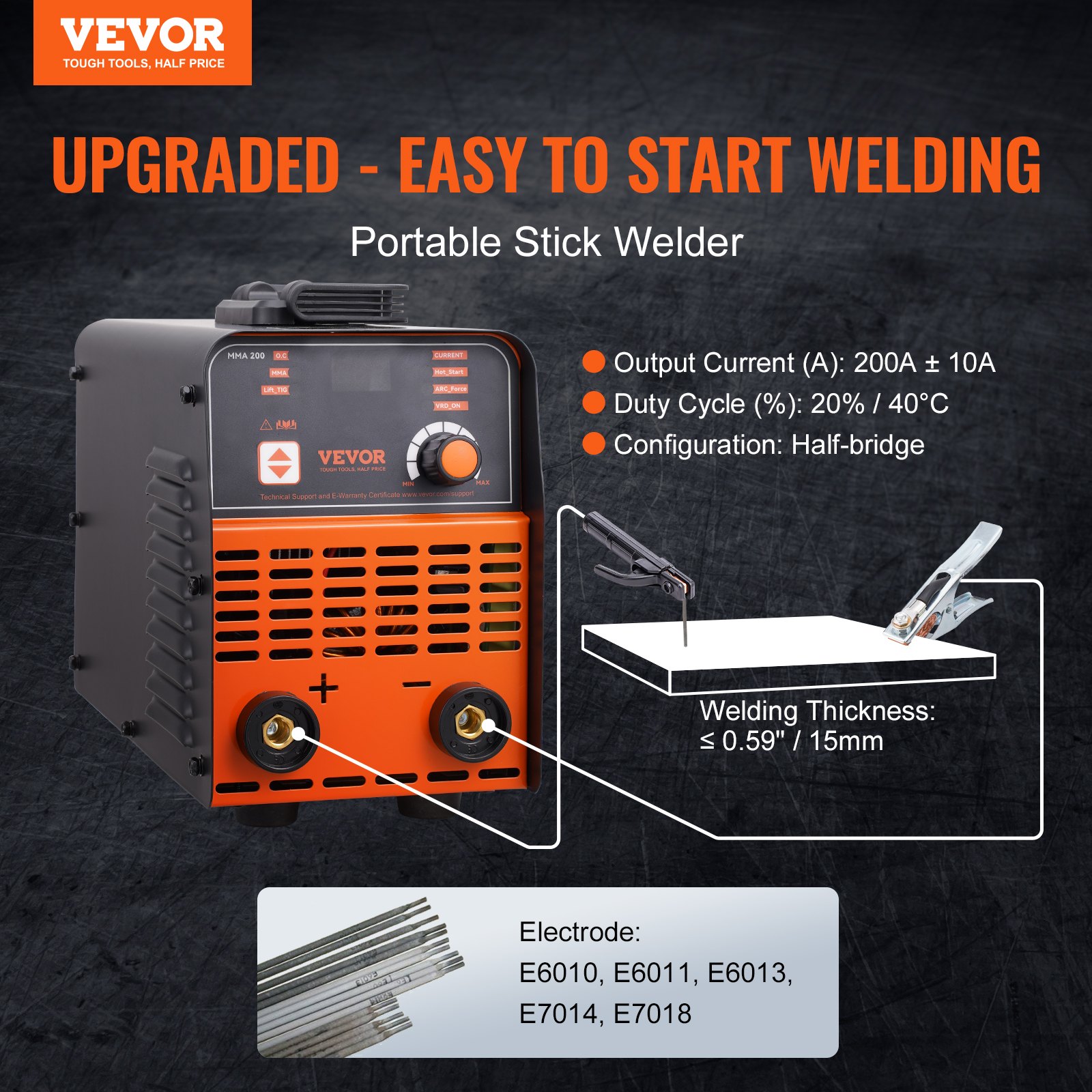 VEVOR 220V elektrodelasapparaat, 200A ARC/Lift TIG-lasapparaat met groot LED-display, draagbaar 2-in-1 elektrodelasapparaat met Hot Start Arc Force Anti-Stick VRD, MMA ARC-lasapparaat