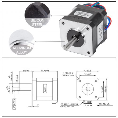VEVOR 5 STKS Geïntegreerde Stappenmotor Elektrisch, Staphoek 1,8° Gereedschap Grote Torsie DC Motor Stappenmotor, Aanzetkoppel 59 N.cm Stappenmotor, 2-Fasen Motorbesturing Transmissie 42 x 42 x 48 mm