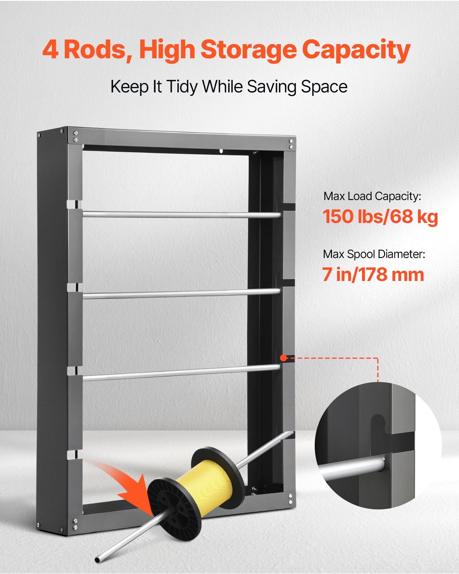VEVOR Kabelhaspelhouder, 4 verstelbare stangen, aan de muur te bevestigen kabelhaspelhouder van koudgewalst staal, kabelopslag- en displayrek, draagvermogen 68 kg, voor verschillende omstandigheden
